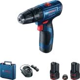 Bosch GSB 120-LI cordless drill set with batteries and charger.