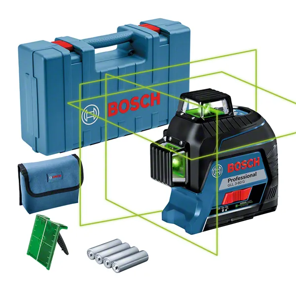 Bosch GLL 3-80 G laser leveling tool with green lines.