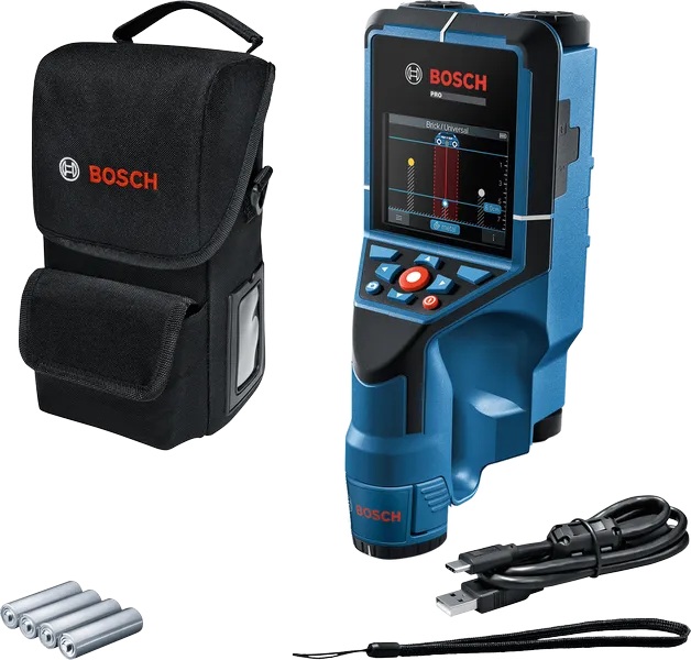 Bosch D-Tect 200 C wall scanner with display and accessories.