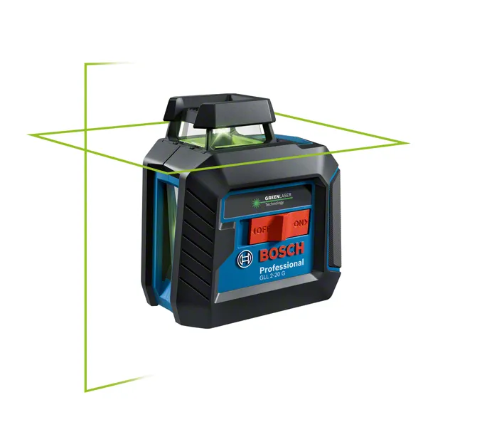 Bosch GLL 2-20 G laser leveling tool with green beams.