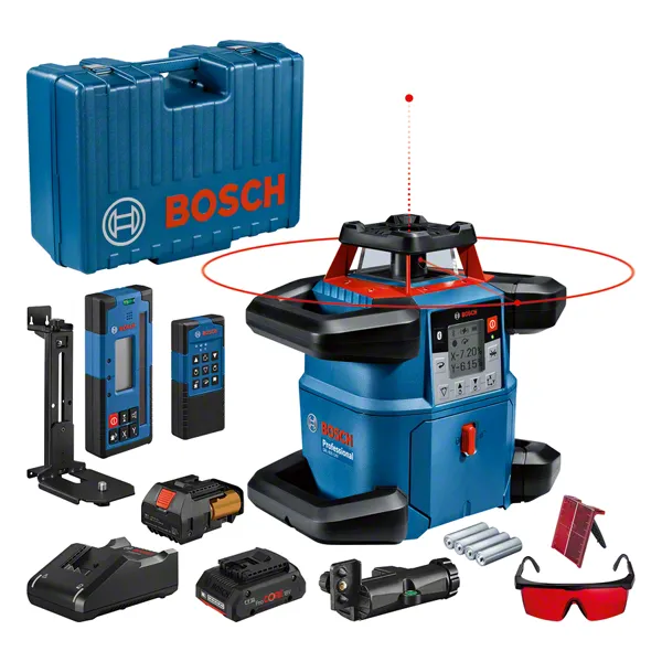 Bosch GRL 600 CHV laser leveling tool with accessories.