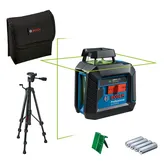 Bosch GLL 2-20 G laser leveling tool with tripod and accessories.