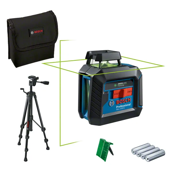 Bosch GLL 2-20 G laser leveling tool with tripod and accessories.