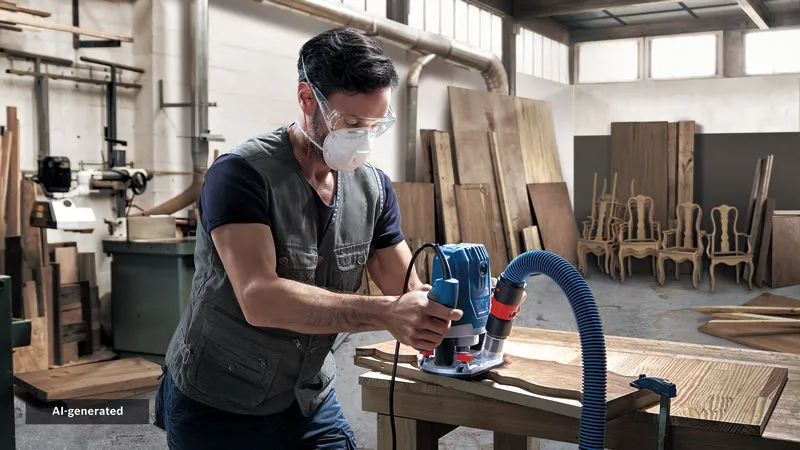 Person wearing safety equipment uses a router to shape wood in a workshop.