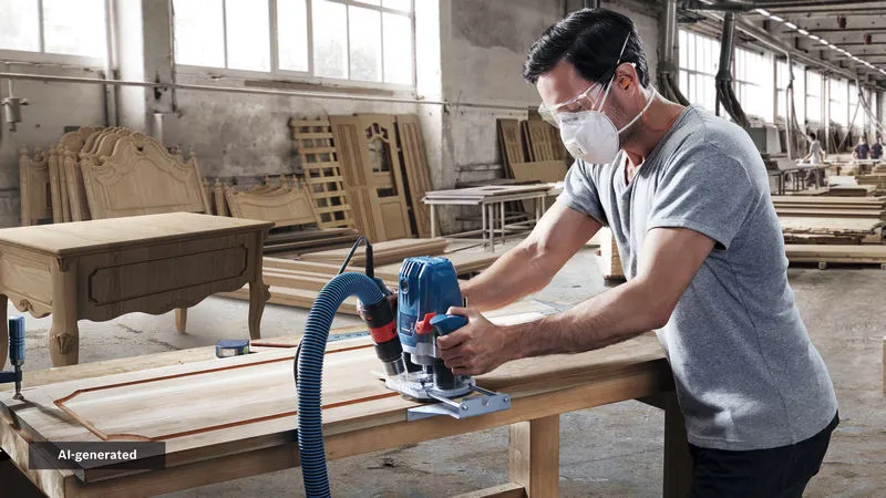 A person wearing safety equipment shapes a wooden panel using a router in a workshop.