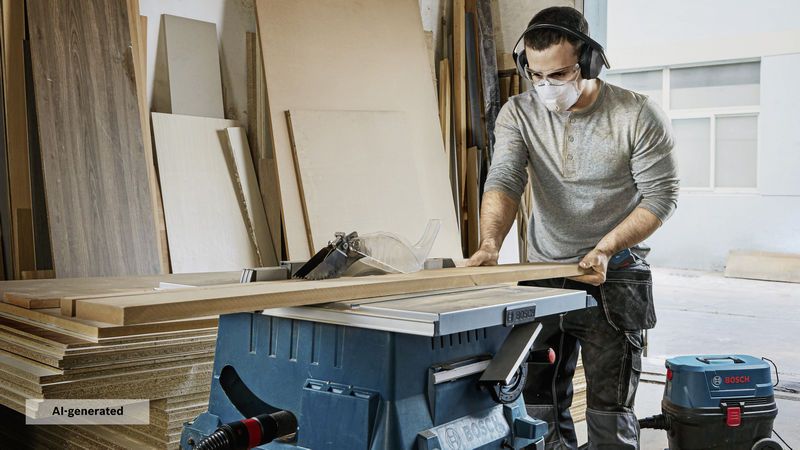 A person wearing safety equipment cuts wood sheets using a table saw in a workshop.