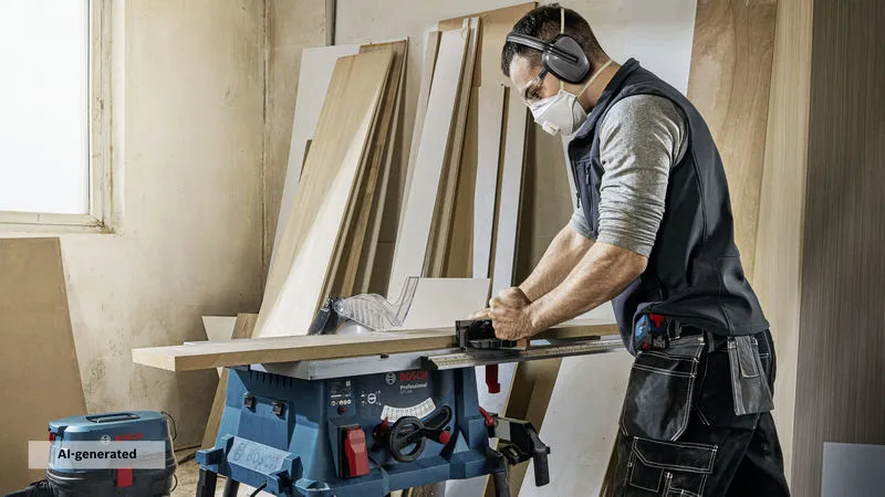 A person wearing safety equipment cuts wood on a table saw in a workshop.