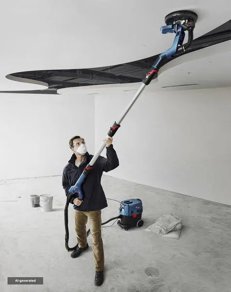 A person wearing safety equipment sands a ceiling with a drywall sander in a renovation space.