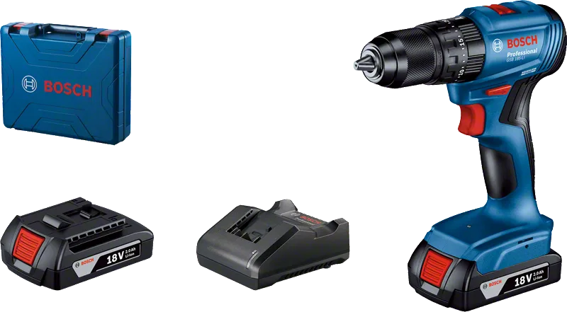 Bosch GSB 185-LI cordless drill set with battery and charger.