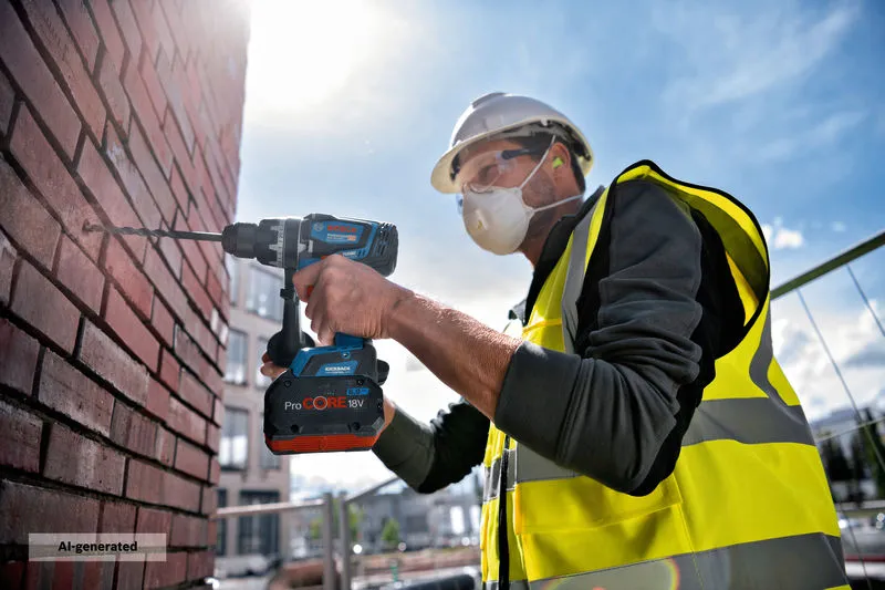 A person wearing safety equipment drills into a brick wall with a cordless combi tool.
