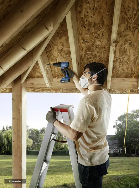 A person on a ladder drills into a wooden roof frame, wearing safety equipment.