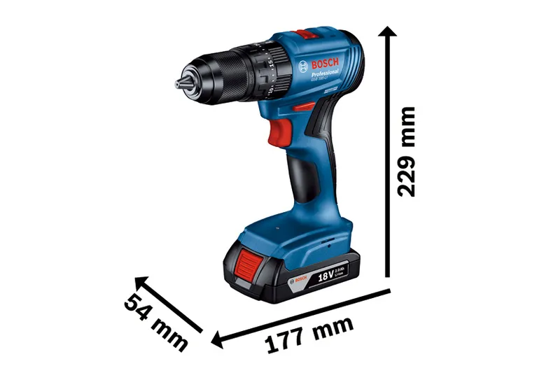 Bosch GSB 185-LI cordless drill, 18V 2.0Ah dimensions.