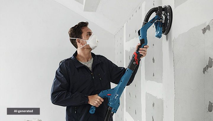 A person sands drywall with a power drywall sander on an unfinished wall.