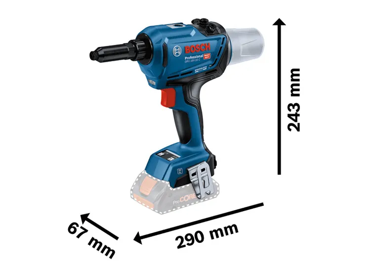 Bosch GRG 18V-16 C cordless rivet tool with dimensions.