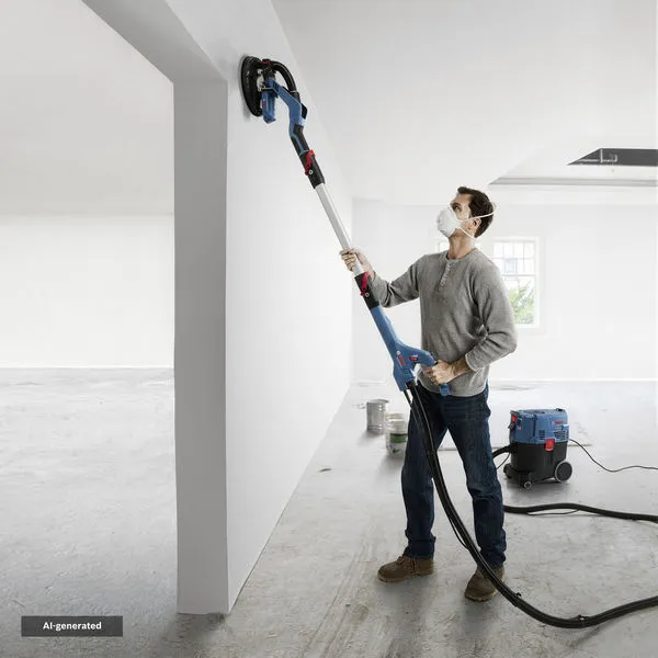 A person sands a white wall with a drywall sander connected to a dust extractor.