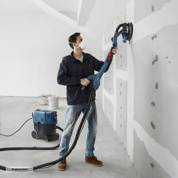 A person sands drywall with a drywall sander connected to a dust extractor.