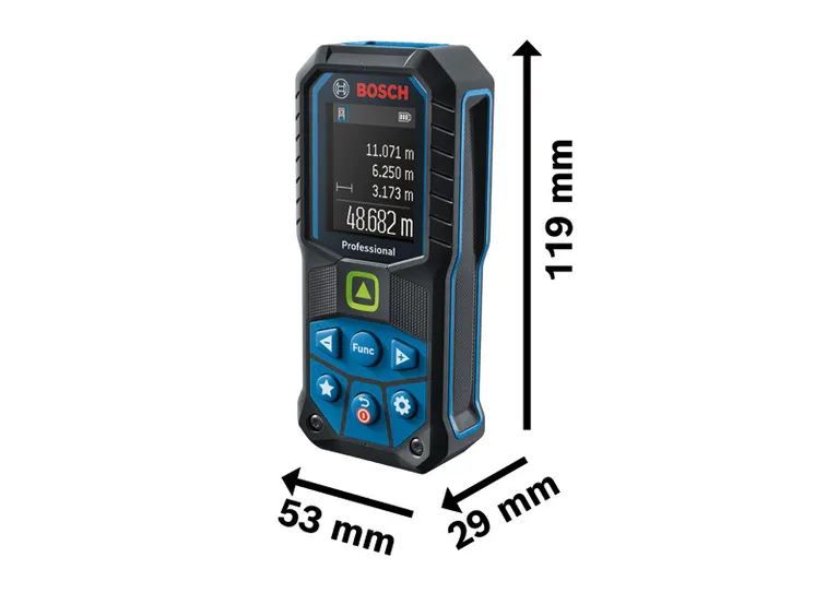 Bosch GLM 50-25 G laser measure with 119x53x29 mm dimensions.