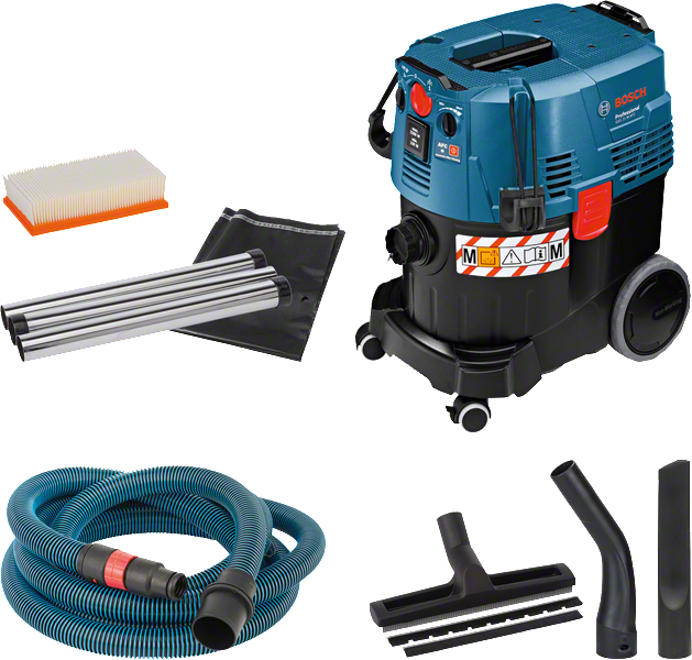 Bosch GAS 35 M AFC wet and dry vacuum cleaner with accessories.