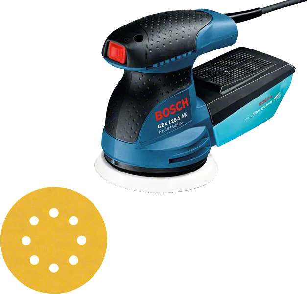 Bosch GEX 125-1 AE orbital sander with sanding disc.