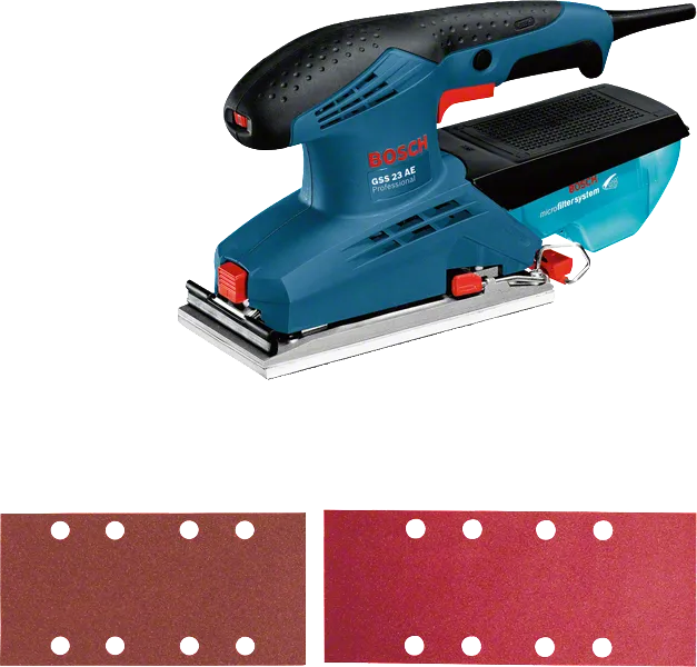 Bosch GSS 23 AE orbital sander with sanding sheets.