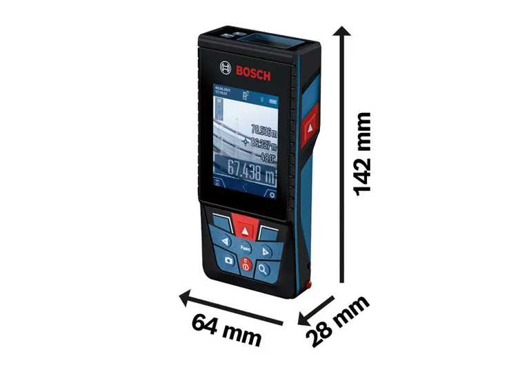 Bosch GLM 150-27 C laser measure with dimensions shown.