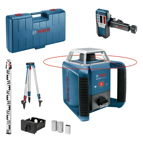 Bosch GRL 400 H rotary laser leveling tool set.
