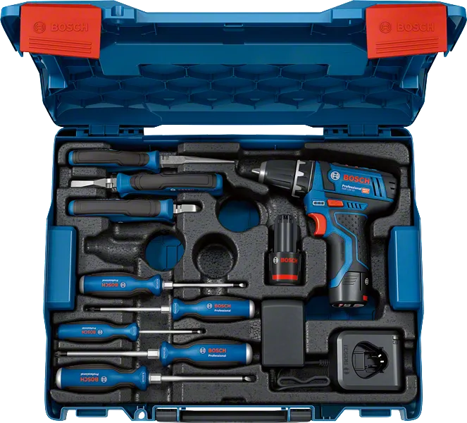 Bosch GSR 12V-15 Professional combo kit with hand tools.