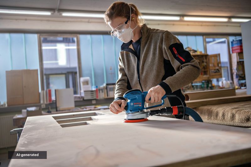 A person wearing safety equipment sands a wooden surface with a random orbit sander.