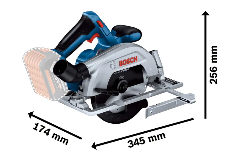 Bosch GKS 185-LI circular saw with tool dimensions.