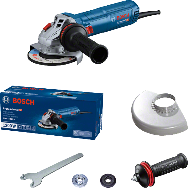 Bosch GWS 12-125 S angle grinder with accessories.