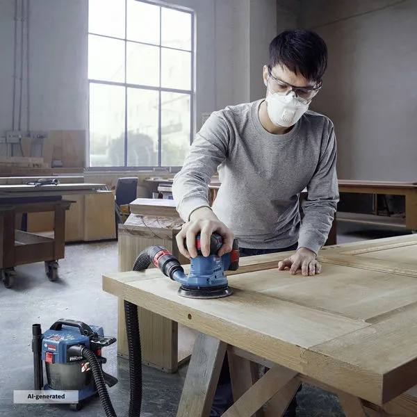 A person wearing safety equipment sands a wooden door with a connected orbital sander.