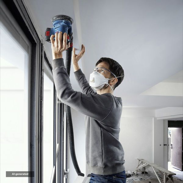 Person wearing safety equipment sands a ceiling near a window with a power sander.