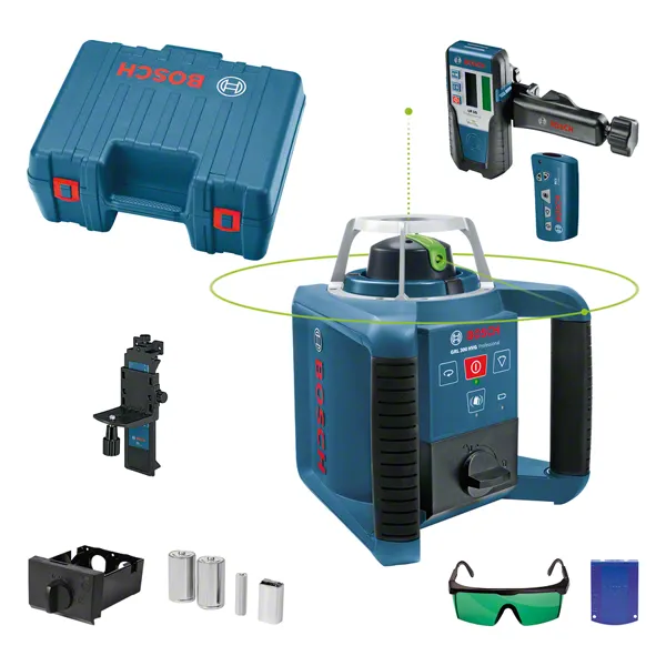 Bosch GRL 300 HVG laser leveling tool with accessories.