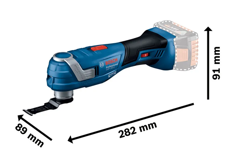 Bosch GOP 185-LI cordless multi-tool with dimensions.