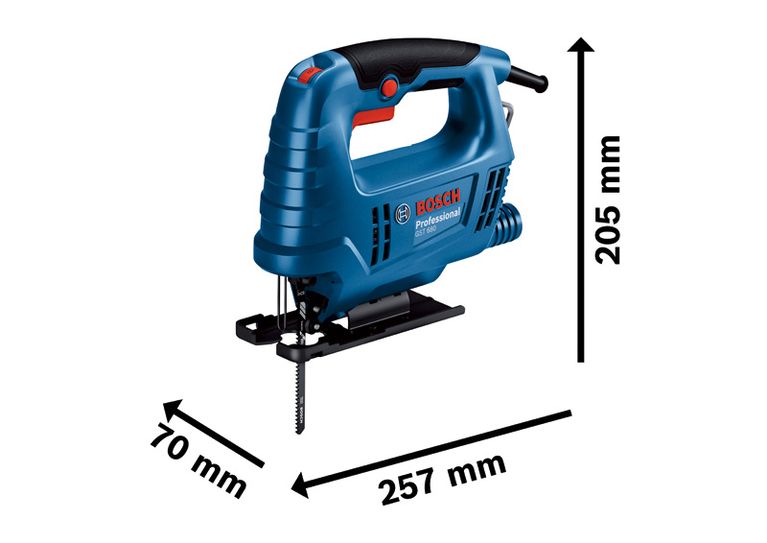 Bosch GST 680 jigsaw with 205 mm height and 257 mm length.