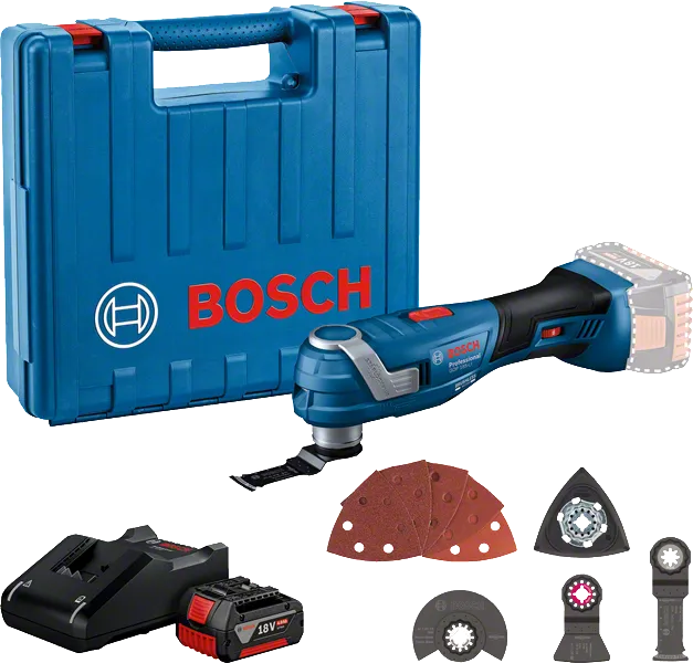 Bosch GOP 185-LI cordless multi-tool kit with accessories.