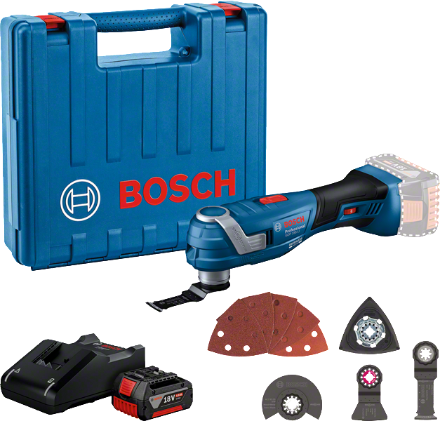 Bosch GOP 185-LI cordless multi-tool kit with accessories.