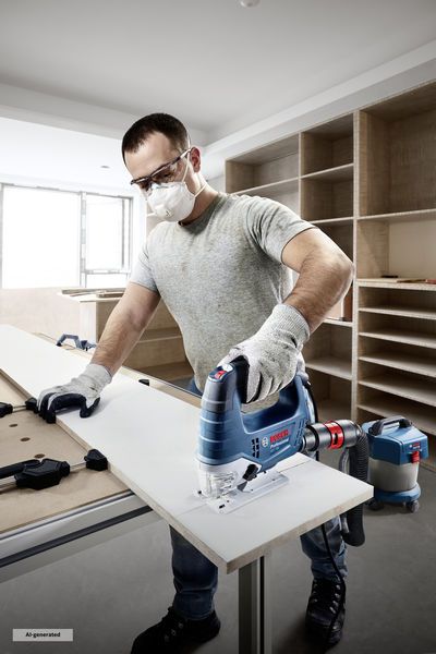 A person wearing safety equipment uses a jigsaw to cut a wooden board in a workshop.