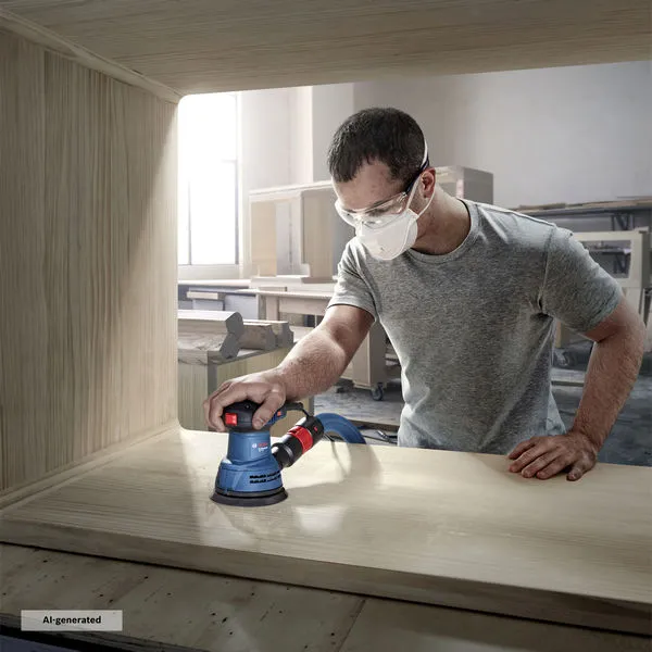 A person wearing safety equipment sands wood with a random orbit sander inside a workshop.