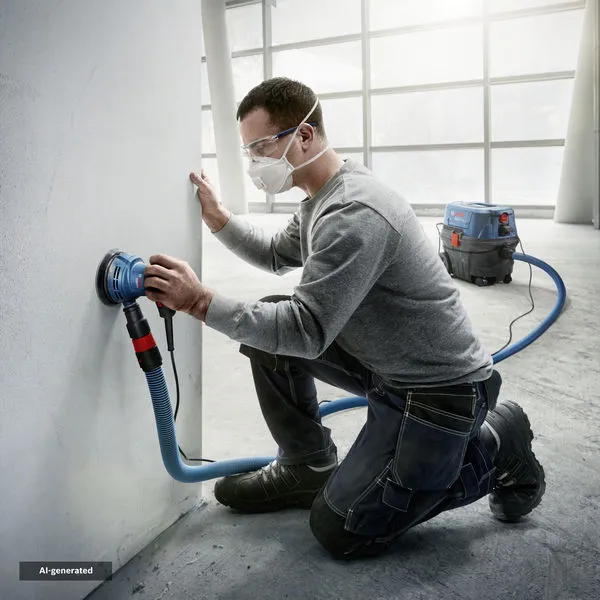 A person wearing safety equipment sands a wall using a random orbit sander with dust extraction.