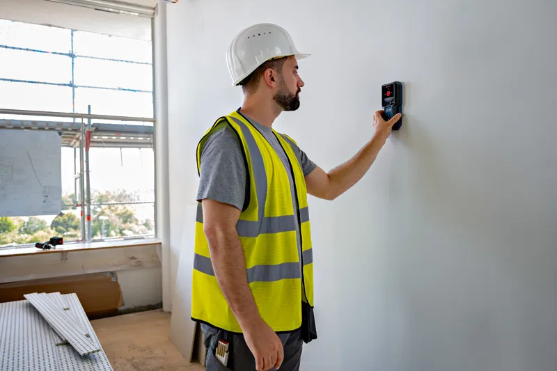 A person wearing safety equipment scans a wall with a detector tool.