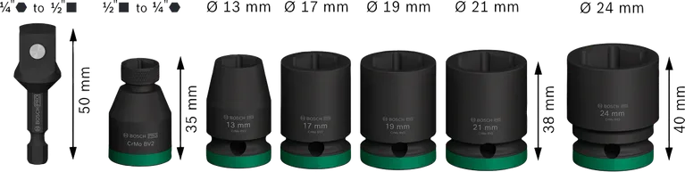Bosch PRO Impact Socket Set with adapter 1/2 inch 7 pieces.