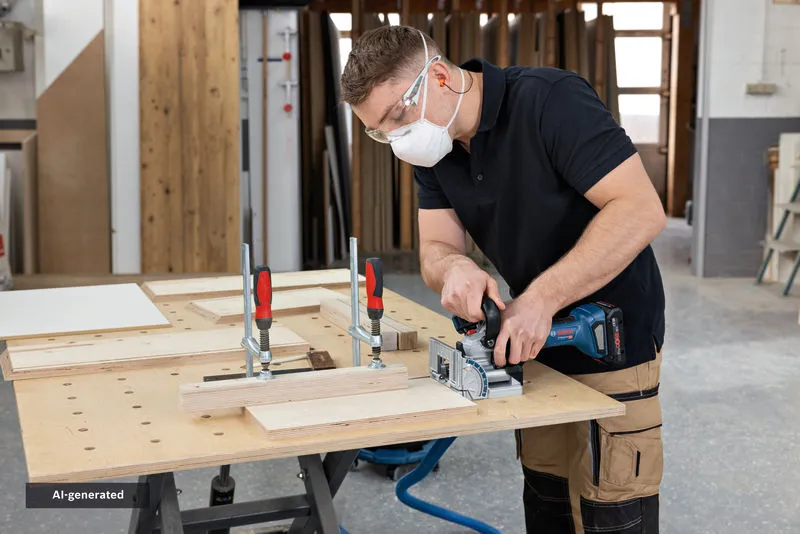A person wearing safety equipment uses a biscuit joiner on clamped wood pieces.