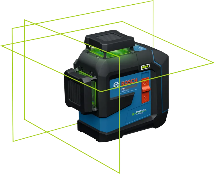 Bosch GLL 80-33 G laser leveling tool with green lines.