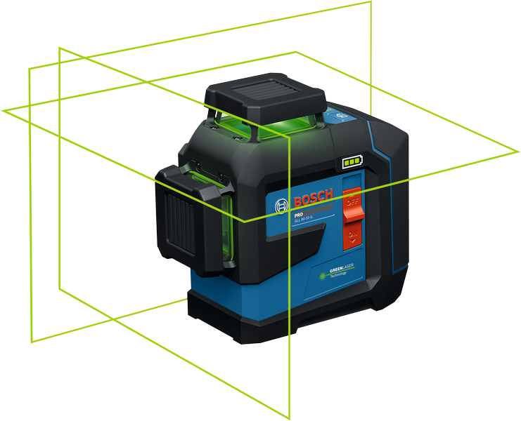 Bosch GLL 80-33 G laser leveling tool with green lines.