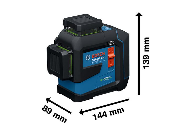 Bosch GLL 80-33 G laser leveling tool with dimensions shown.