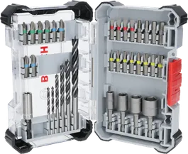 Bosch 35 piece Extra Hard Screwdriver Bit and PRO Wood Drill Bit Set display.