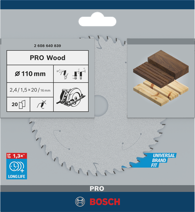 Bosch PRO Wood Circular Saw Blade 110 mm for precise wood cutting.