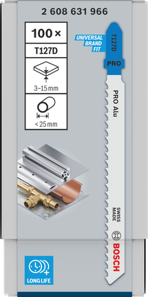 Bosch PRO Alu T127D jigsaw blade for aluminum cutting.