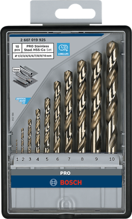 Bosch PRO Stainless Steel HSS-Co Twist Drill Bit Set, 10 sizes.